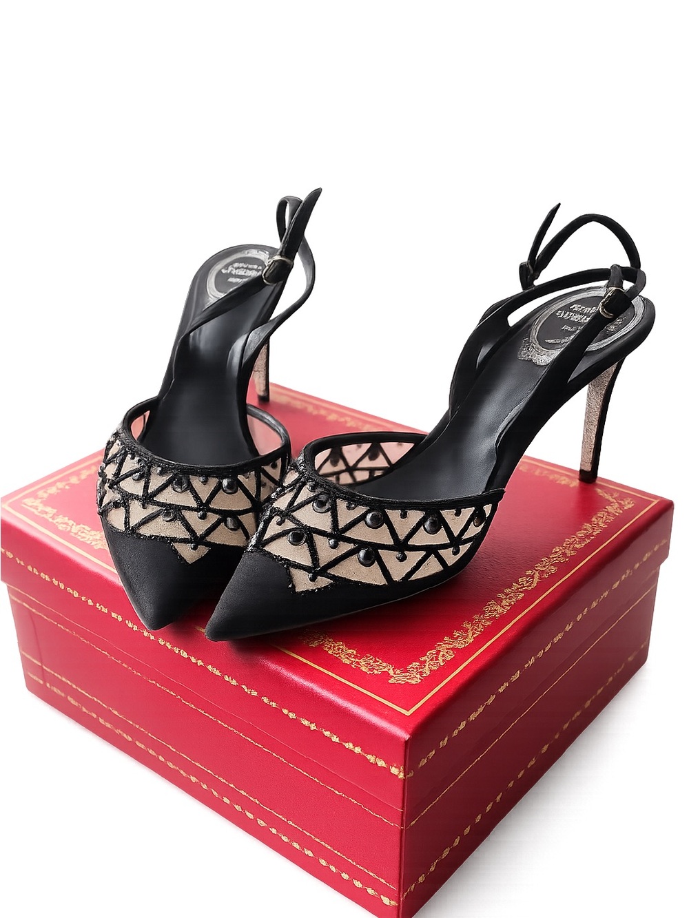 Rene Caovilla Black and Blush Pointed Slingback Heels with Beaded Trim